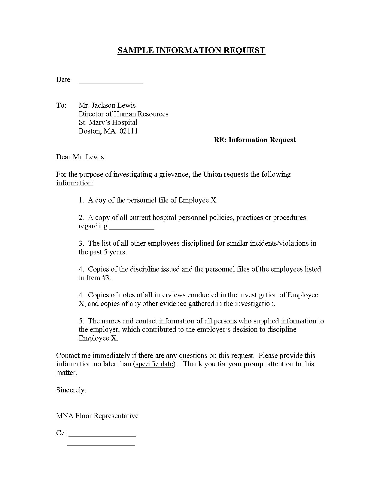 union request for information sample