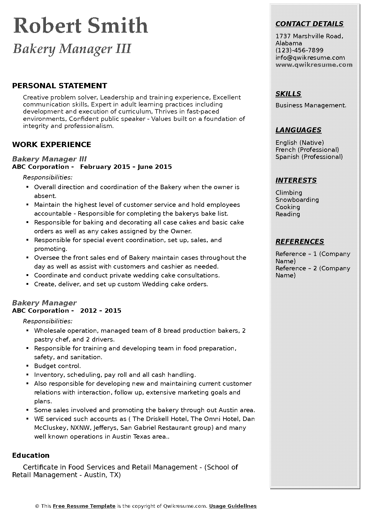 bread baker resume sample