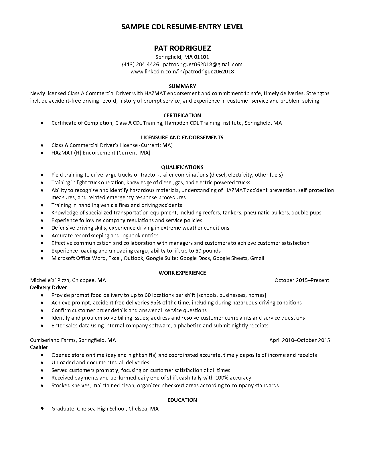 resume sample entry level position