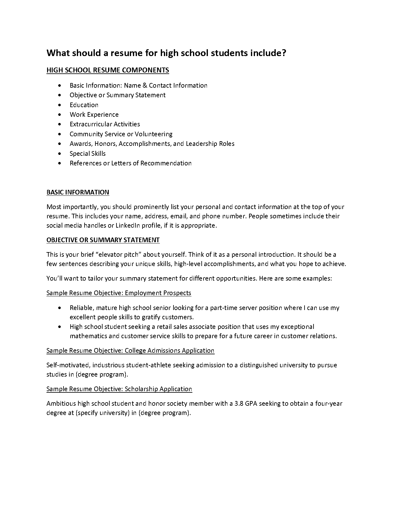 resume objectives for senior high school