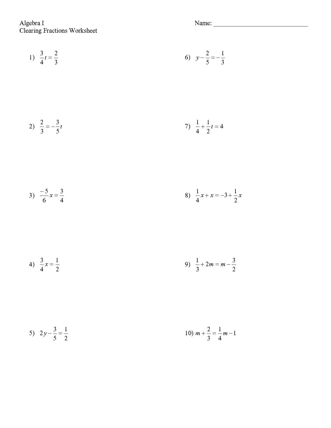 solving equations with fractions worksheets