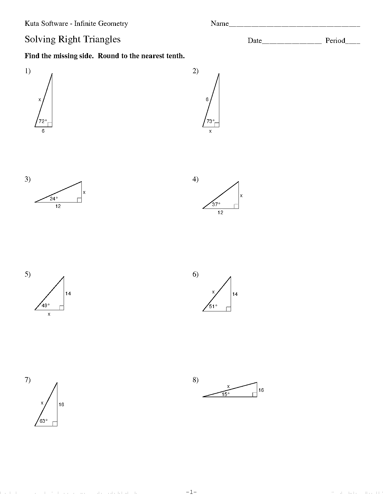 worksheet on solving right triangles