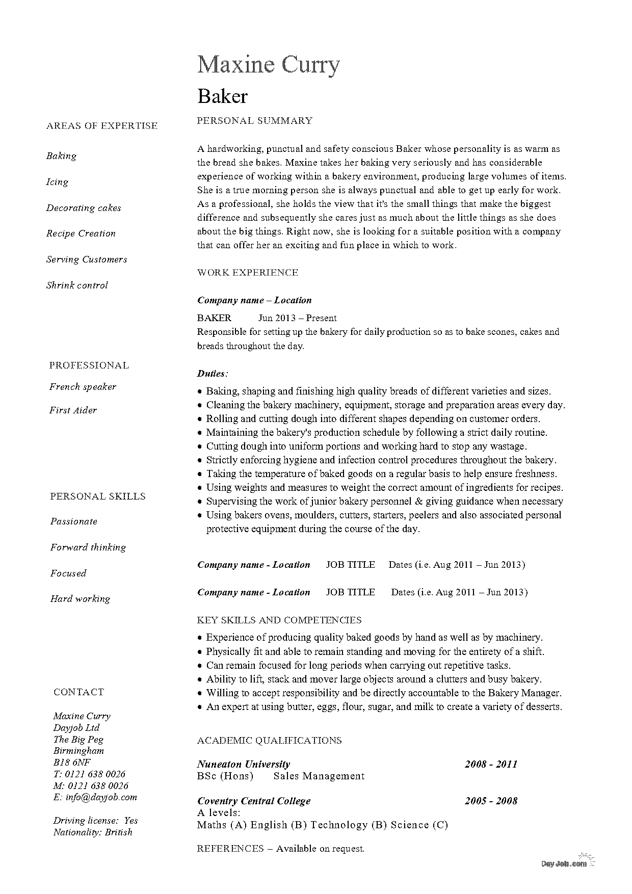 bread baker resume sample