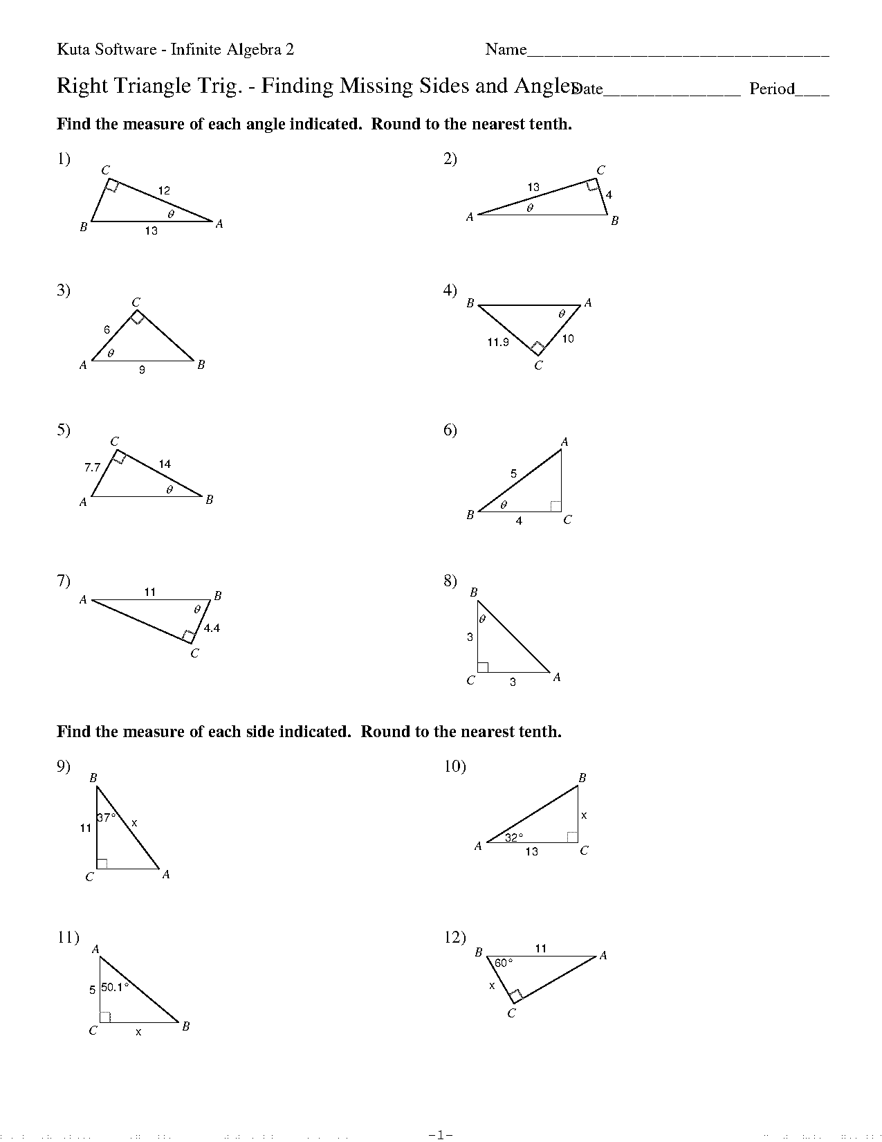 worksheet on solving right triangles