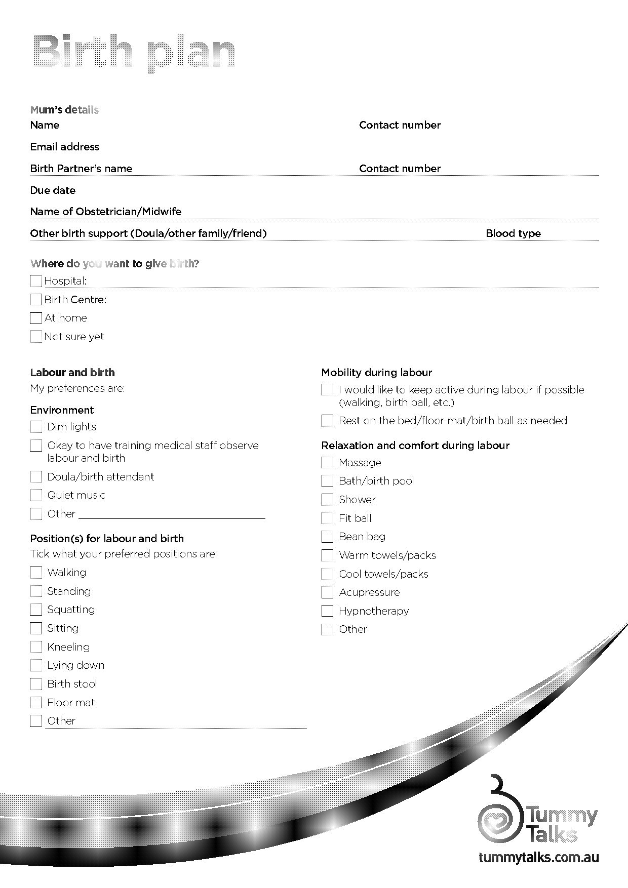 birth plan template australia