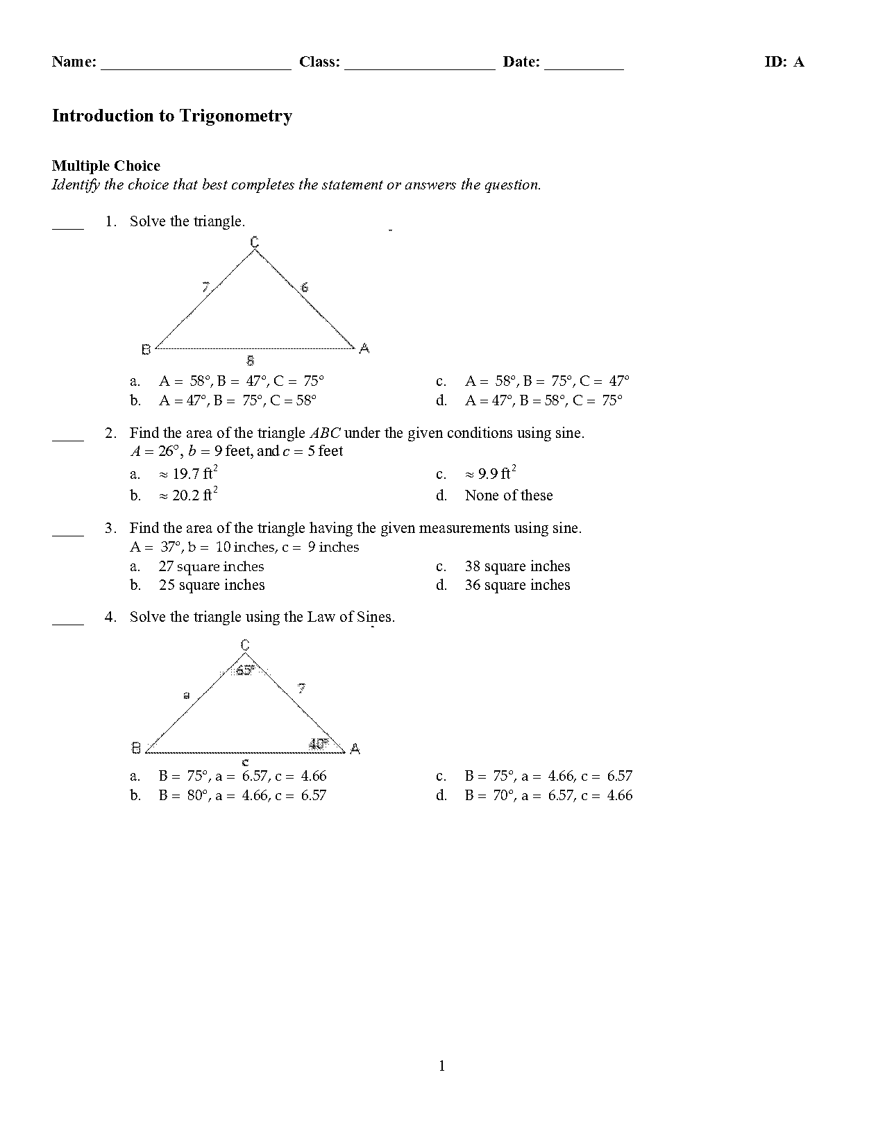 trigonometry worksheet multiple choice pdf