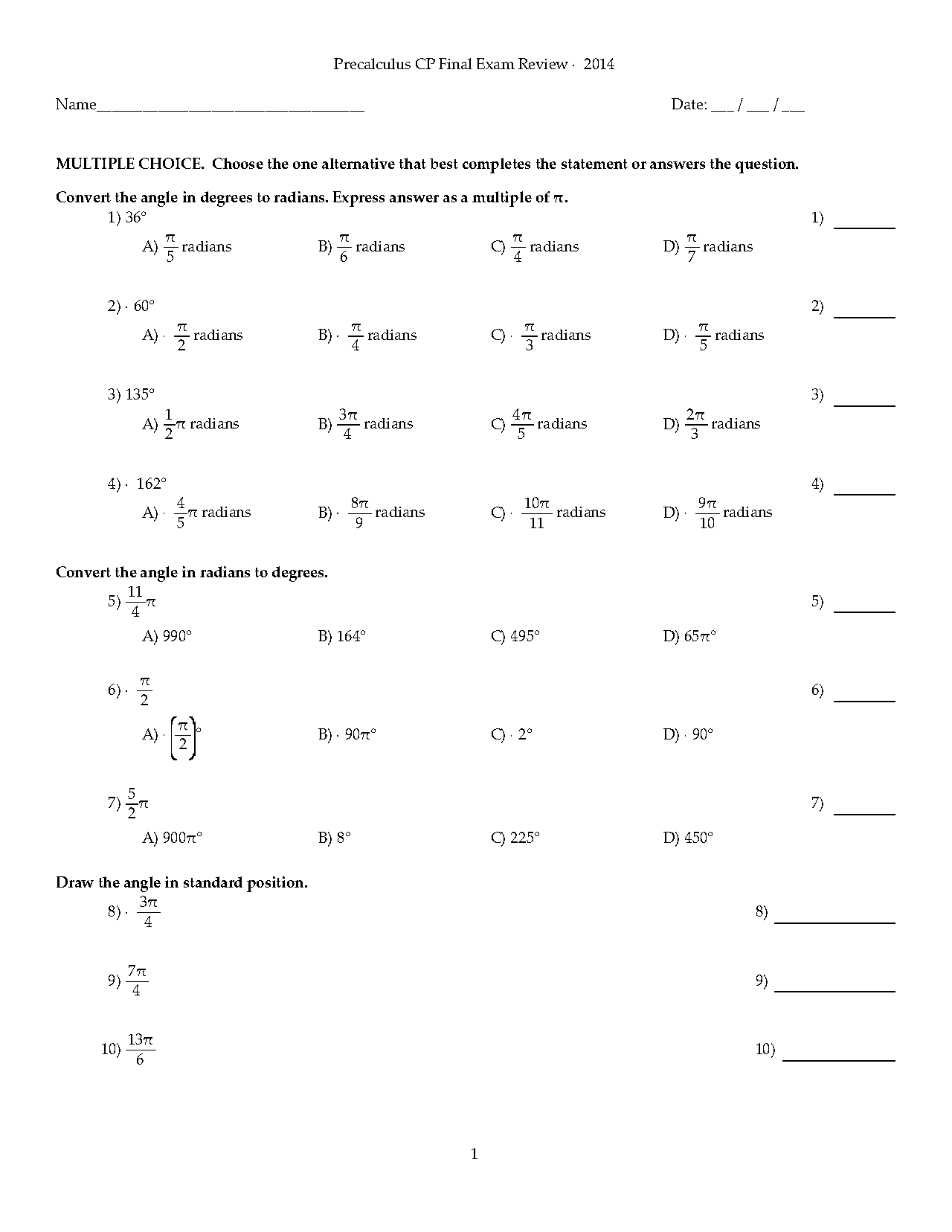 trigonometry worksheet multiple choice pdf