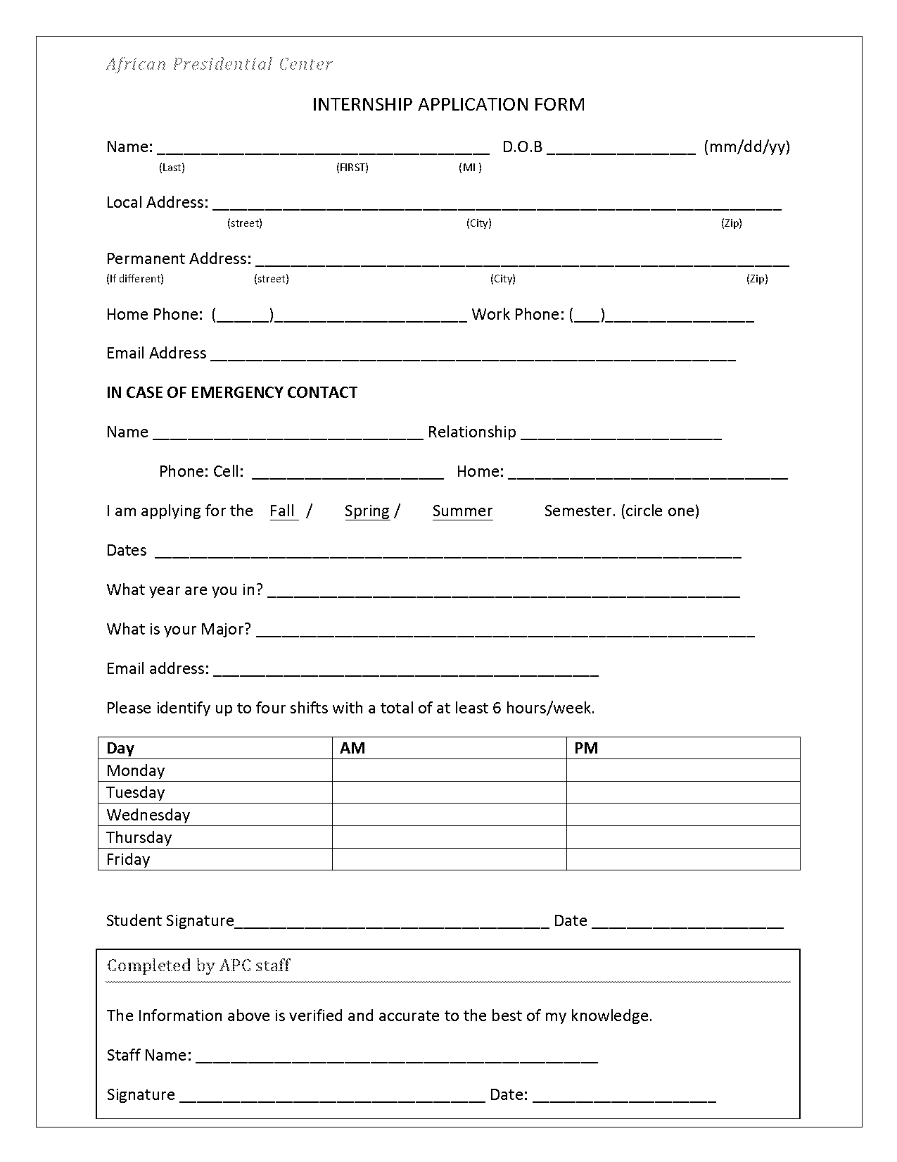 application of internship form pdf