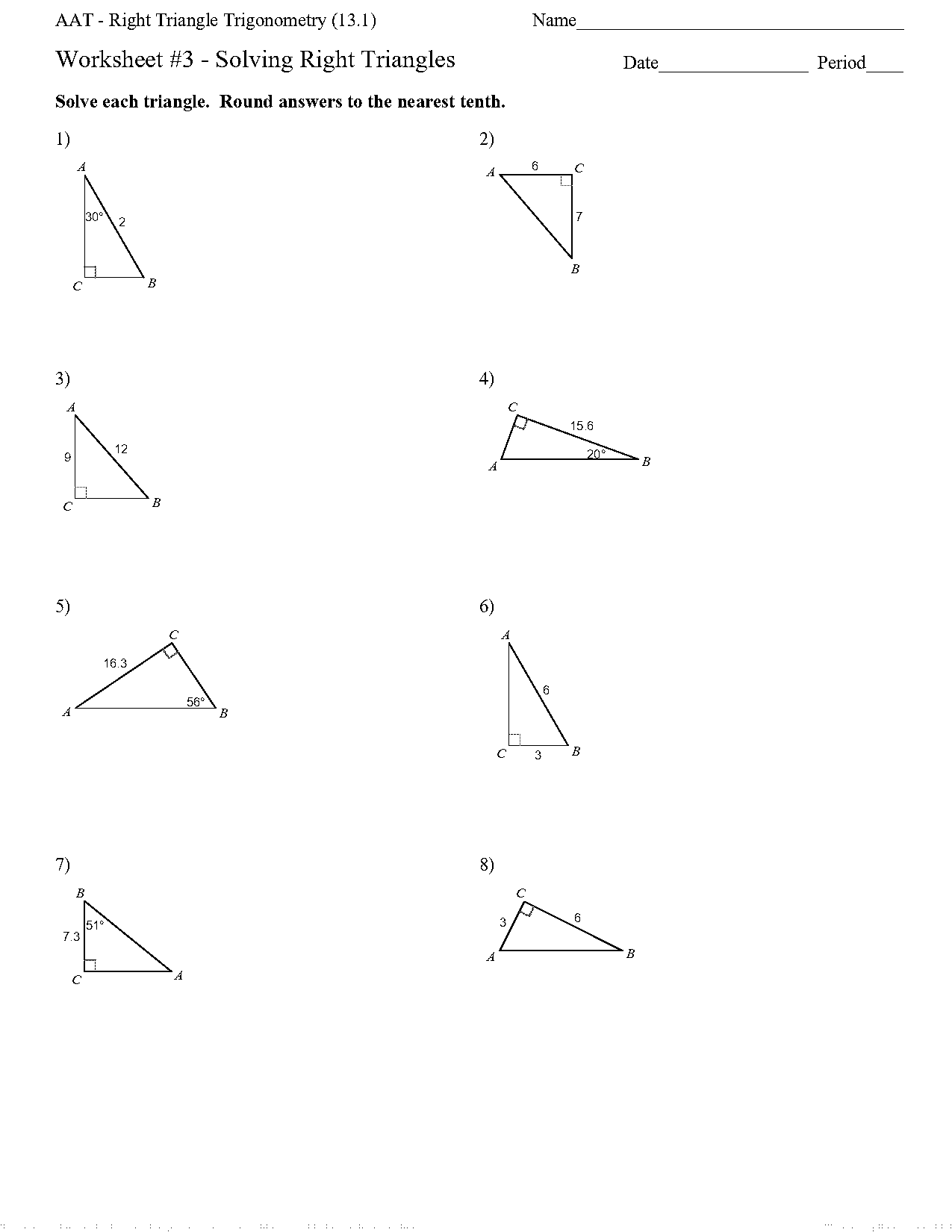 worksheet on solving right triangles