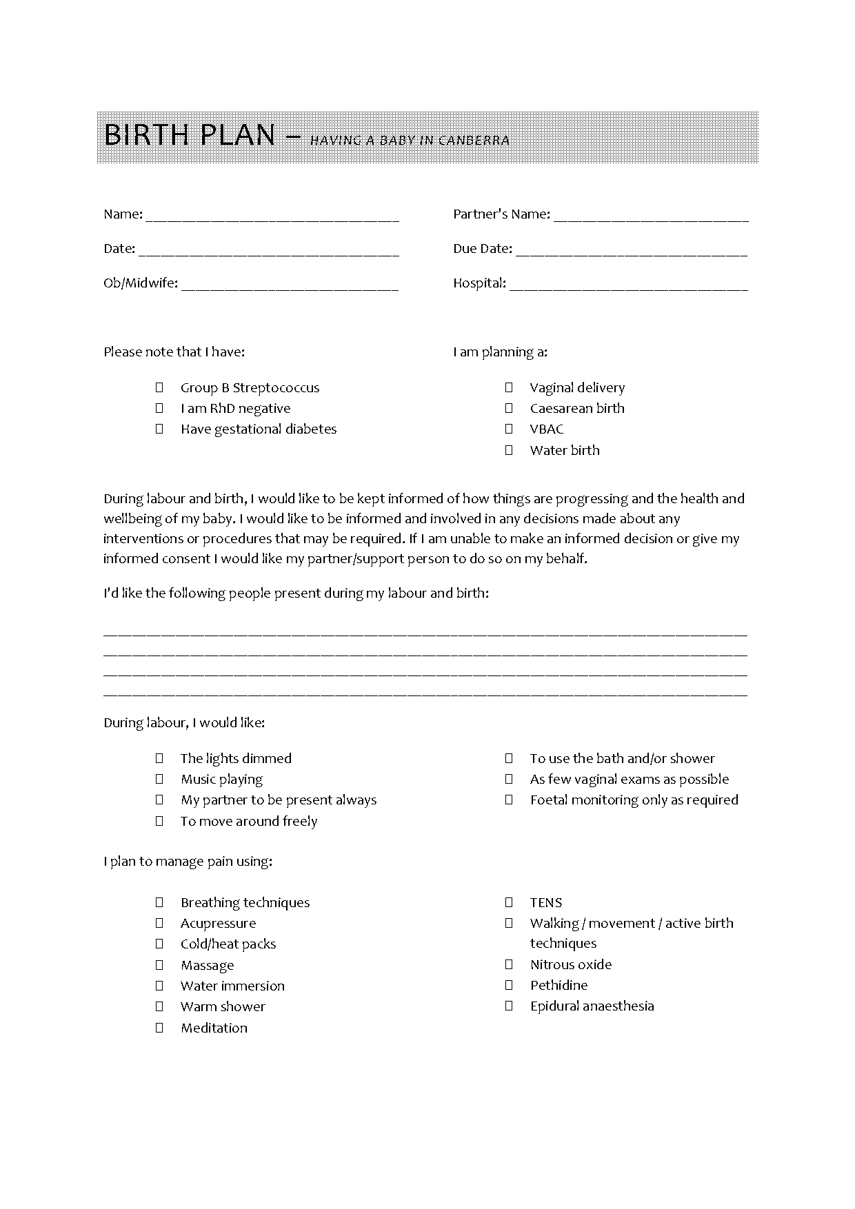 birth plan template australia