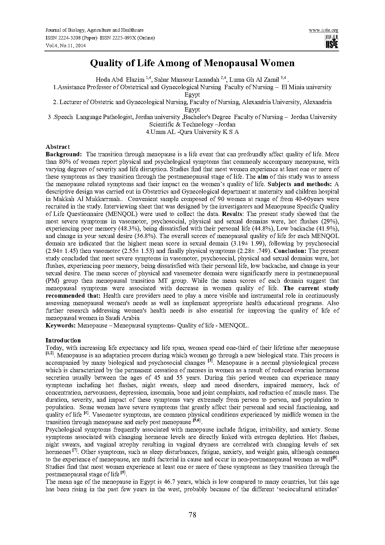 questionnaire menopause quality of life