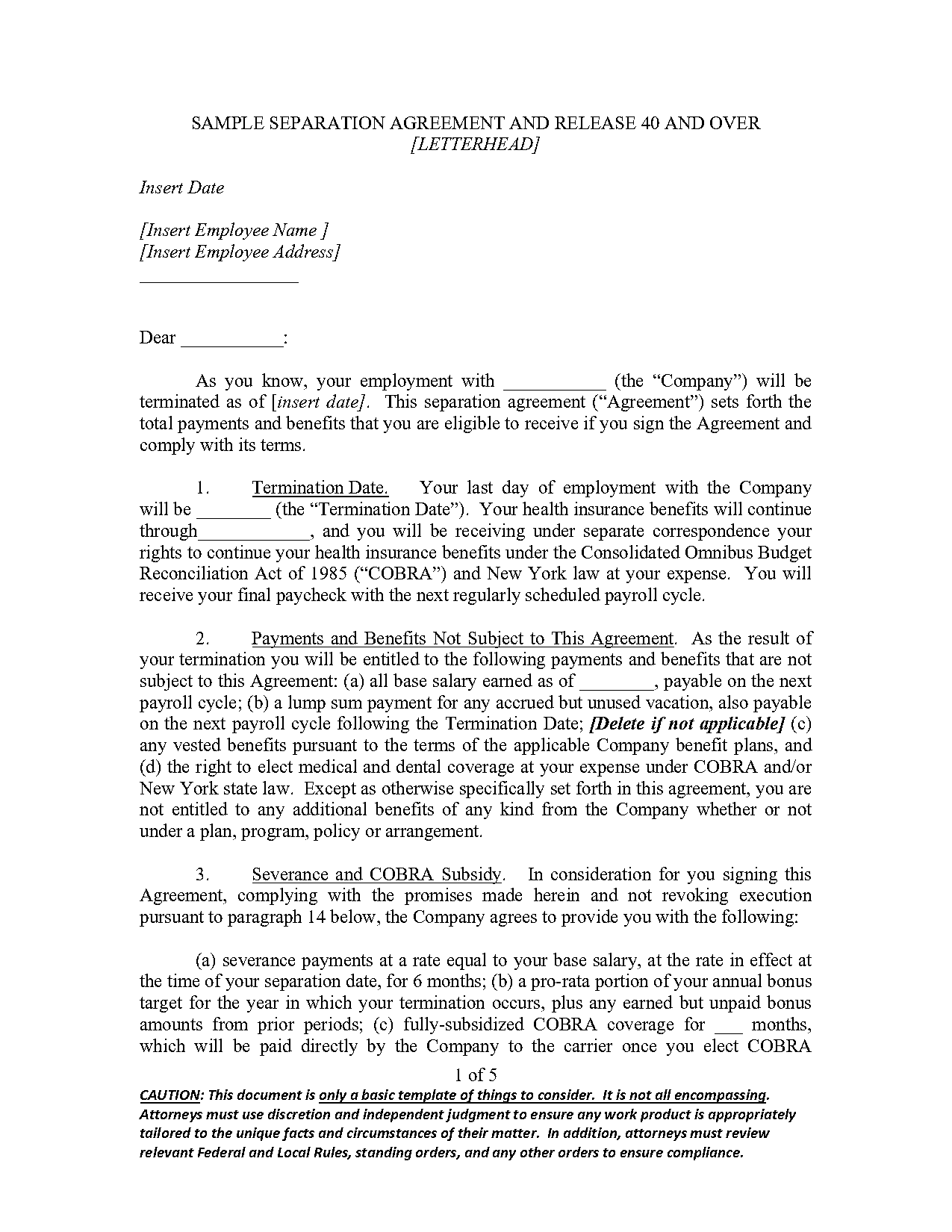 sample letter separation agreement