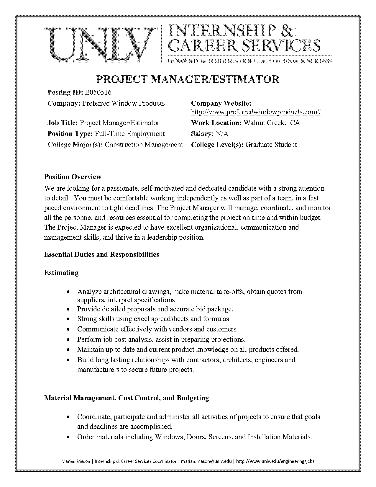 construction manager estimator resume