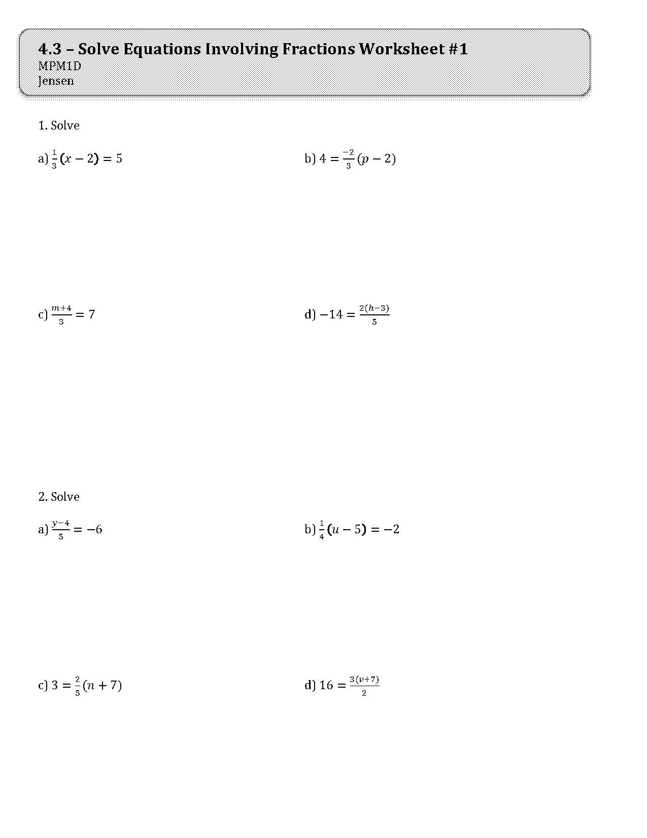 solving equations with fractions worksheets