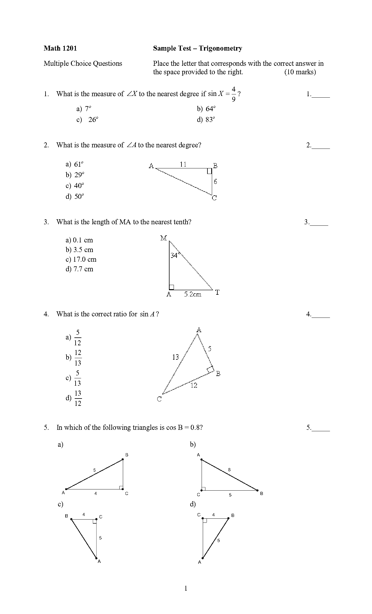 trigonometry worksheet multiple choice pdf