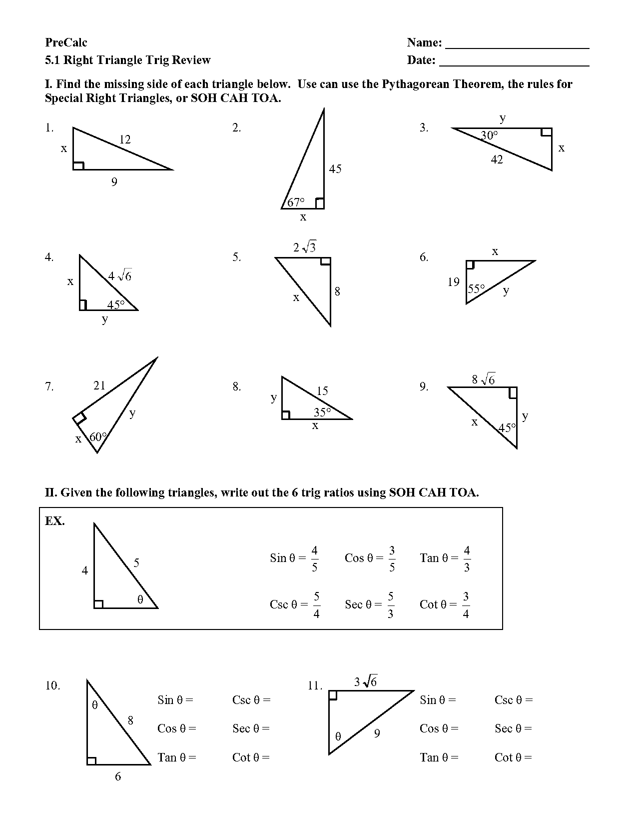 worksheet on solving right triangles