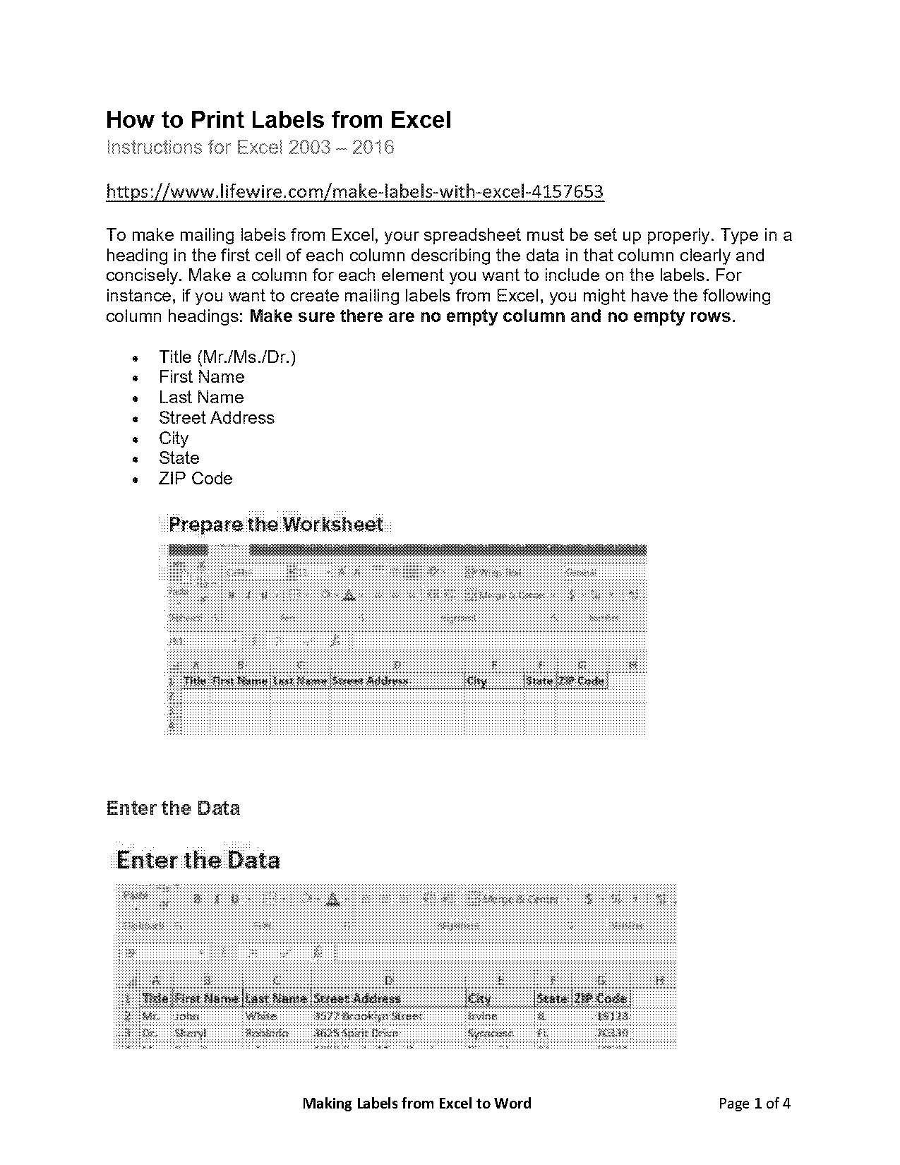 how to make an excel spreadsheet for labels